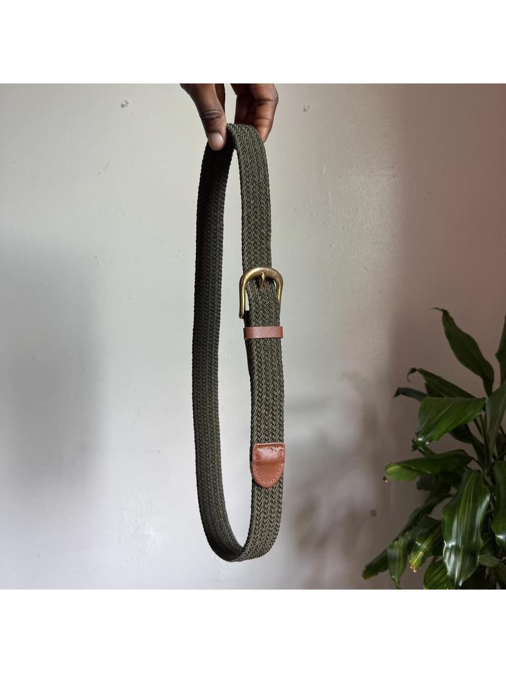 90s Olive Green Braided Woven Stretch Belt Brown Leather Trim L 38-40